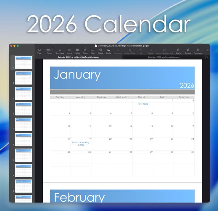 2026 Calendar Template for Mac Apple Pages PDF