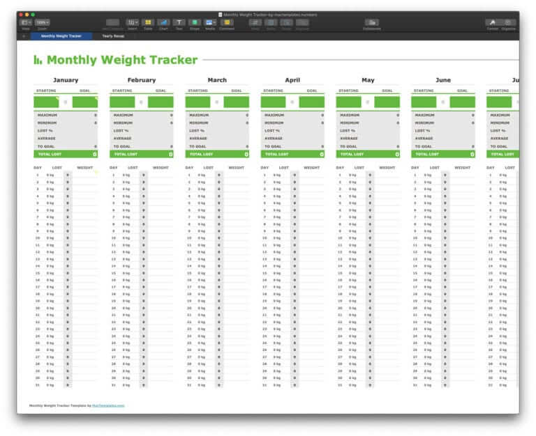 Numbers Weight Tracker kilograms template