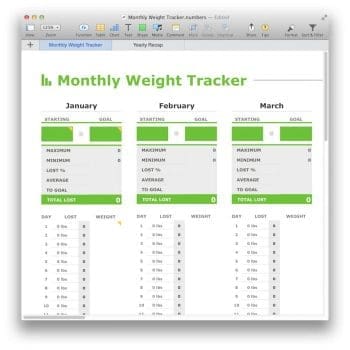 (Blank) Monthly Weight Tracker Template for Numbers