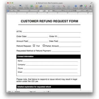 Refund Request Form Template for Pages/PDF